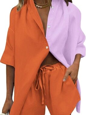 Two-Tone Button Front Shirt & Drawstring Shorts Set - Orange & Lilac